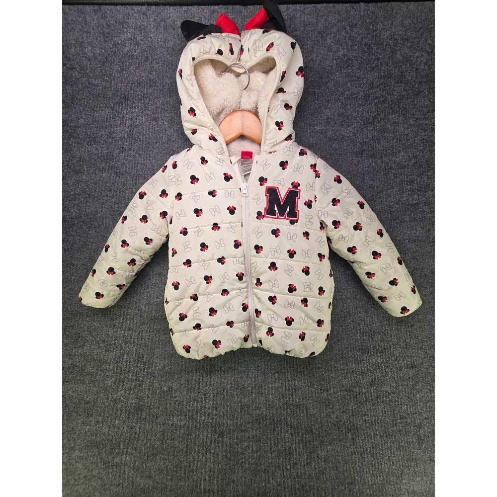 Disney Junior Minnie Mouse Puffer Jacket Sherpa Lined Hooded White 4T